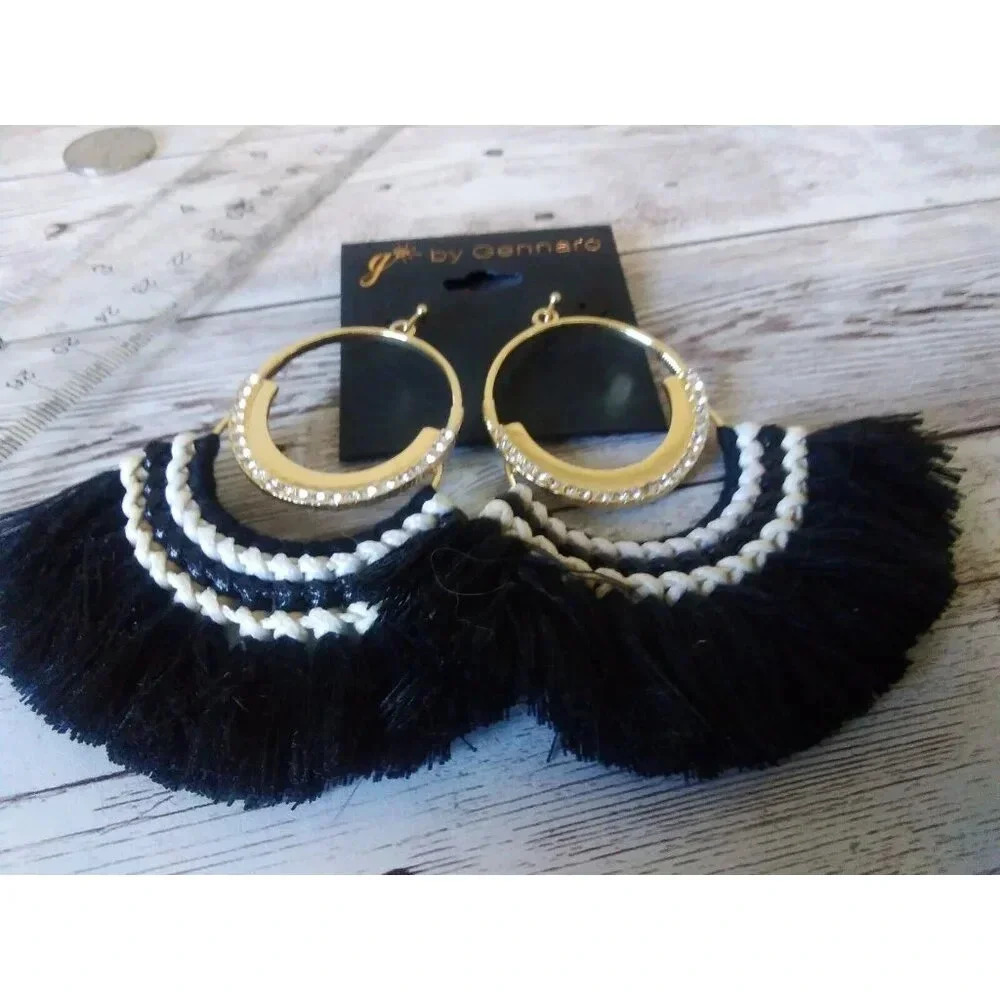 XL Black Woven Fan Tassel Dangle Earrings by Gennaro